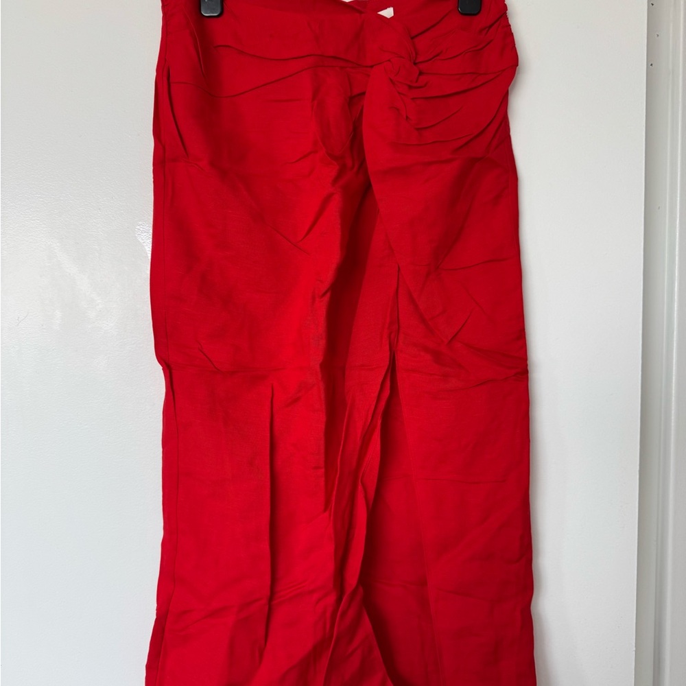 H&M Red Linen Midi Skirt - ruching detail and small slit